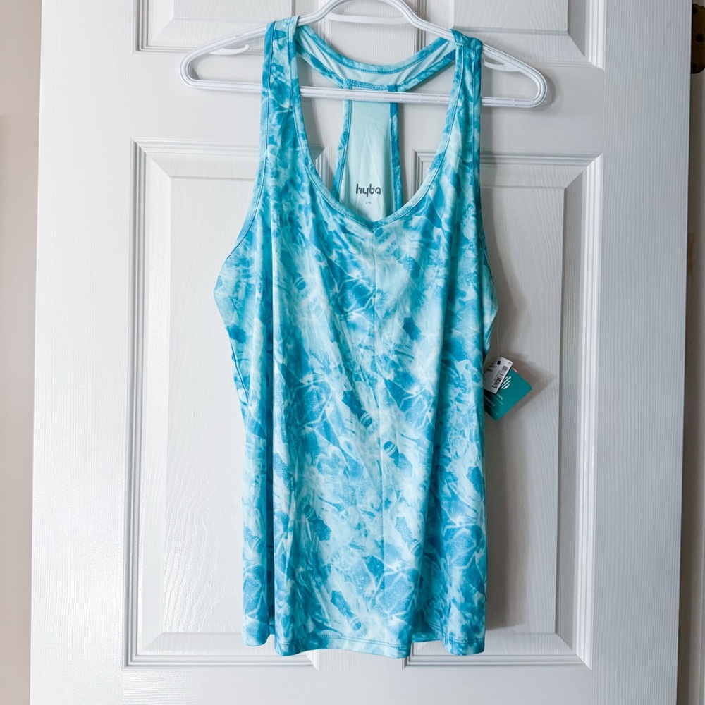Hyba Aqua Tie-Dye Race Back Quick Dry Tank Top Sz L, PTP 19”; Running Yoga